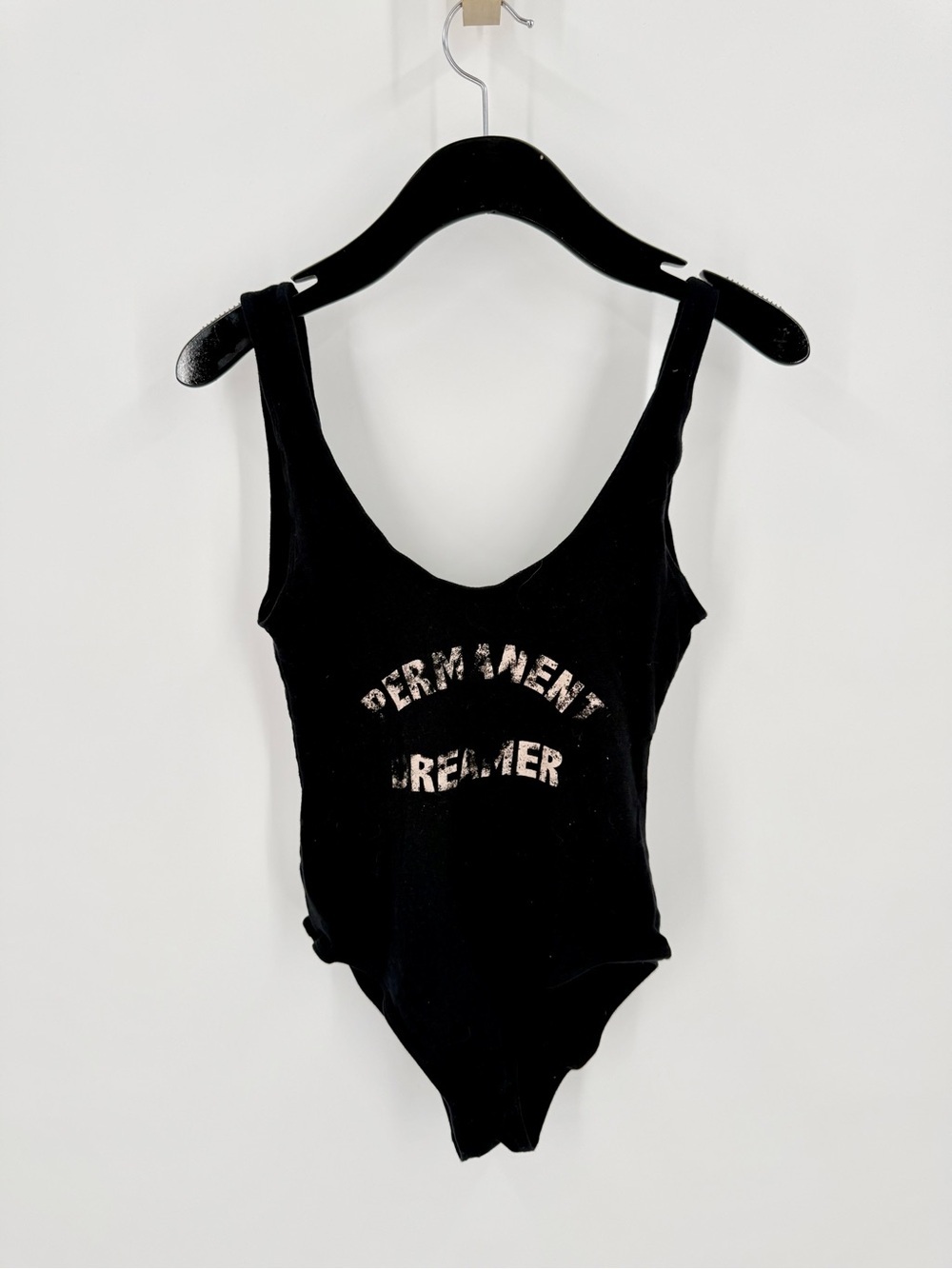 La Hearts Black Graphic Scoop Bodysuit with Metallic Print